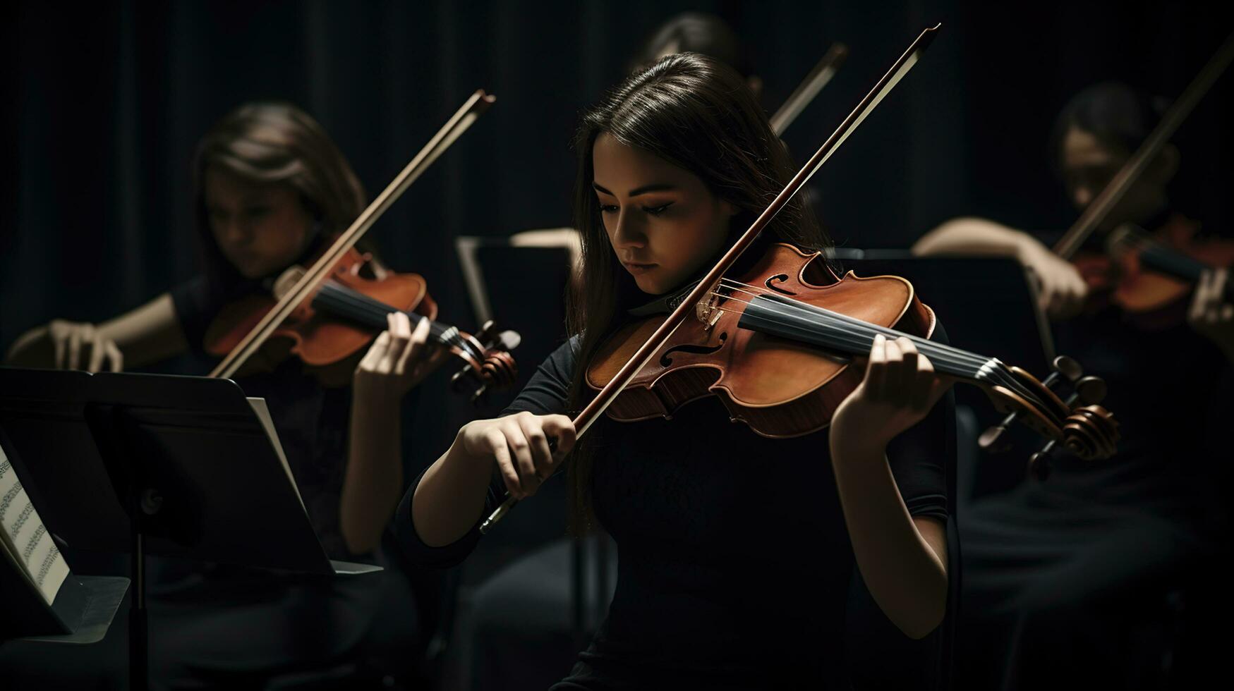 ai gerado sinfonia orquestra primeiro violino seção realizando em Sombrio fundo foto