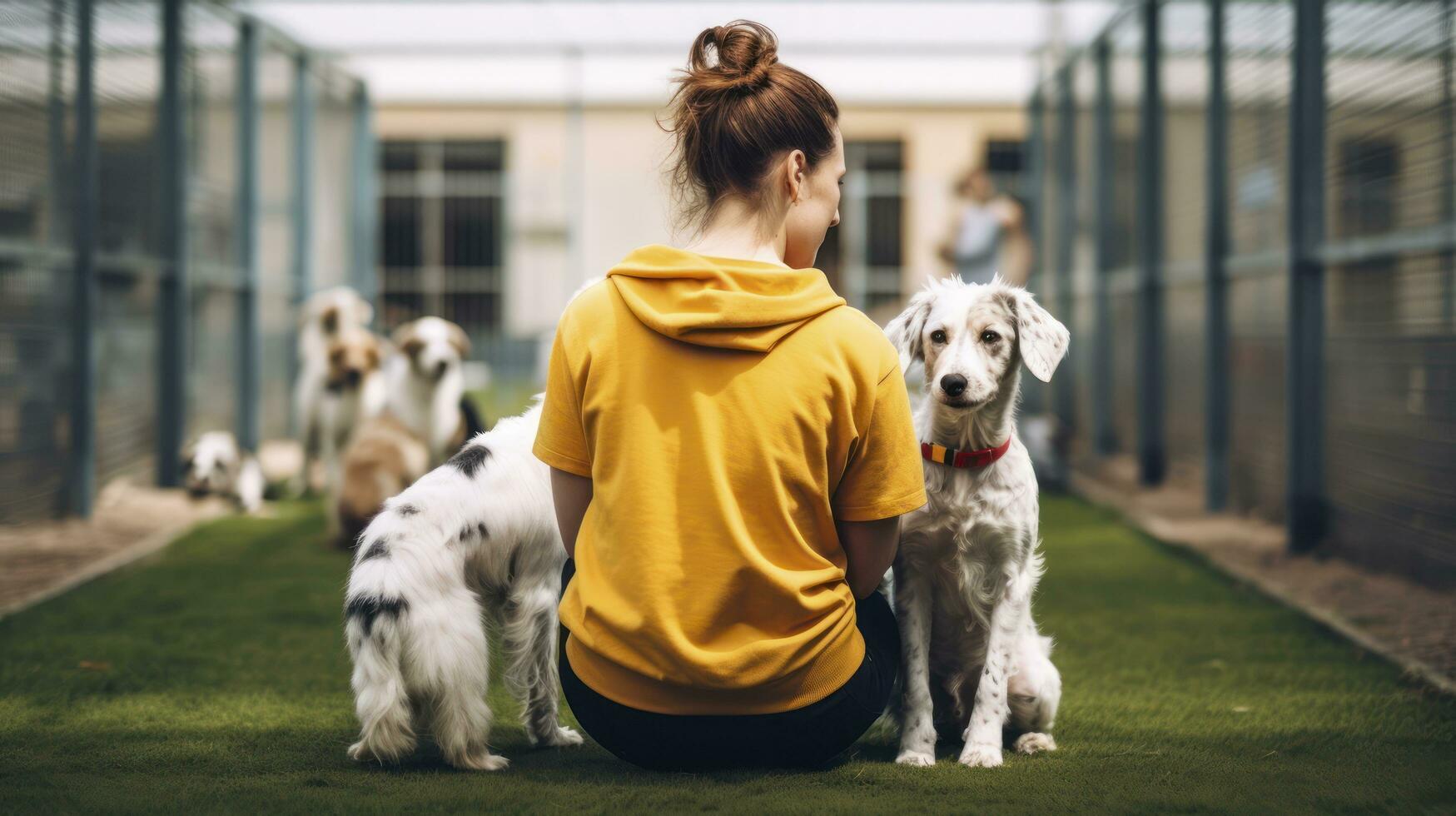 ai gerado uma jovem mulher viagem do carinhoso e noivando com cachorros dentro a animal abrigo foto