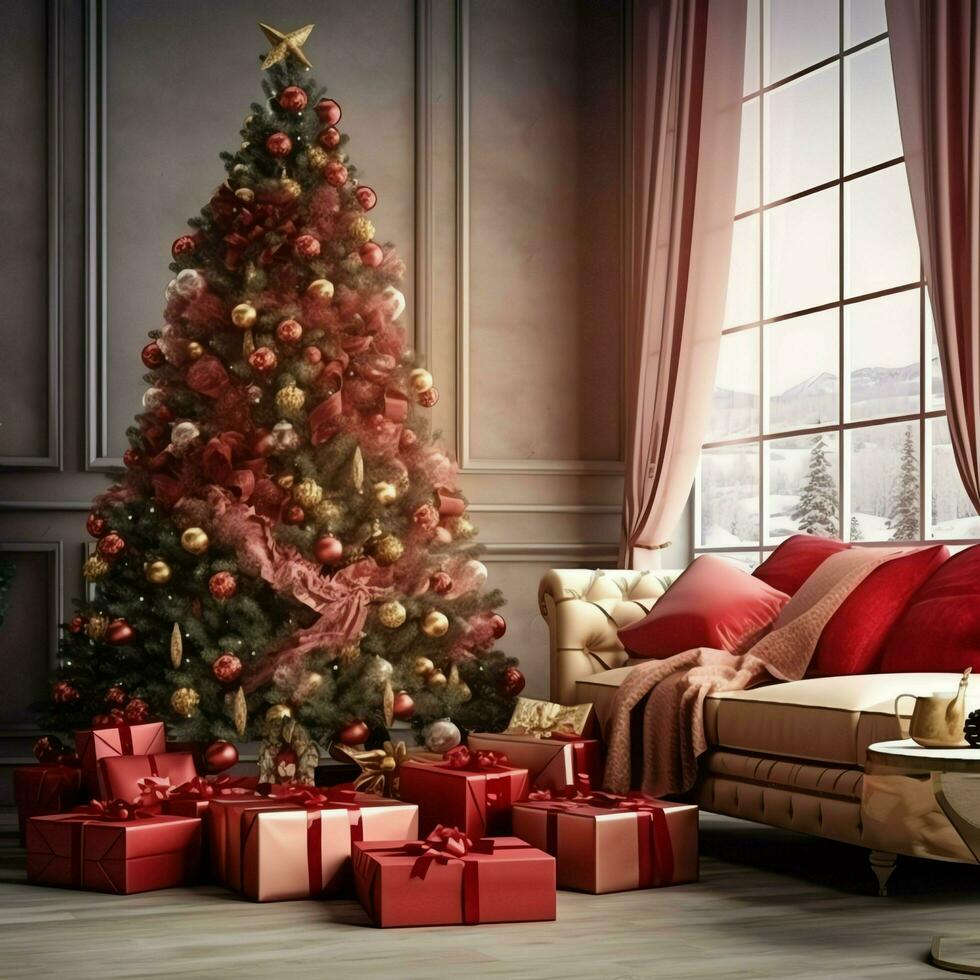 acolhedor vivo quarto com lindo Natal árvore e vermelho presentes dentro moderno interior. interior do vivo quarto decorado para alegre Natal com meias, presente caixas e Natal acessórios de ai gerado foto