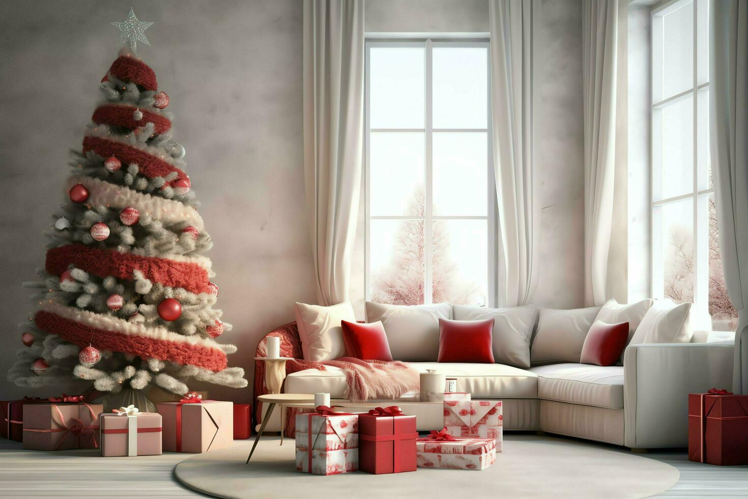 acolhedor vivo quarto com lindo Natal árvore e vermelho presentes dentro moderno interior. interior do vivo quarto decorado para alegre Natal com meias, presente caixas e Natal acessórios de ai gerado foto