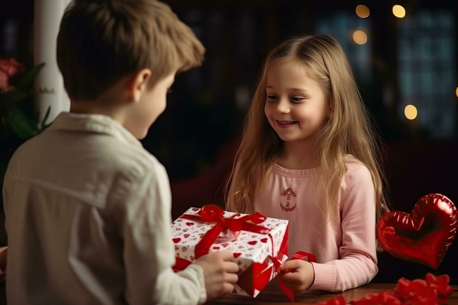 ai gerado fofa pequeno Garoto e menina segurando uma presente caixa. foto