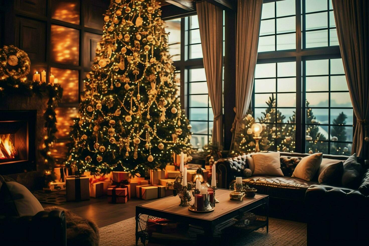 acolhedor vivo quarto com lindo Natal árvore e vermelho presentes dentro moderno interior. interior do vivo quarto decorado para alegre Natal com meias, presente caixas e Natal acessórios de ai gerado foto