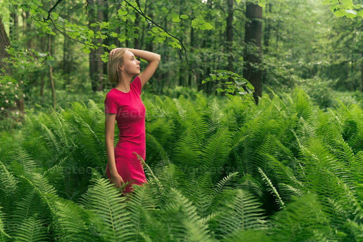 lindo menina dentro a Primavera floresta entre a samambaias foto