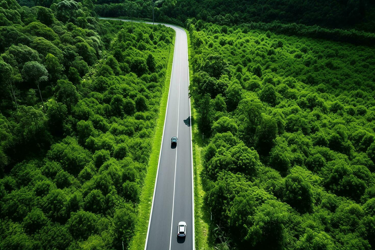 ai gerado aéreo Visão do uma estrada dentro a meio do a floresta foto