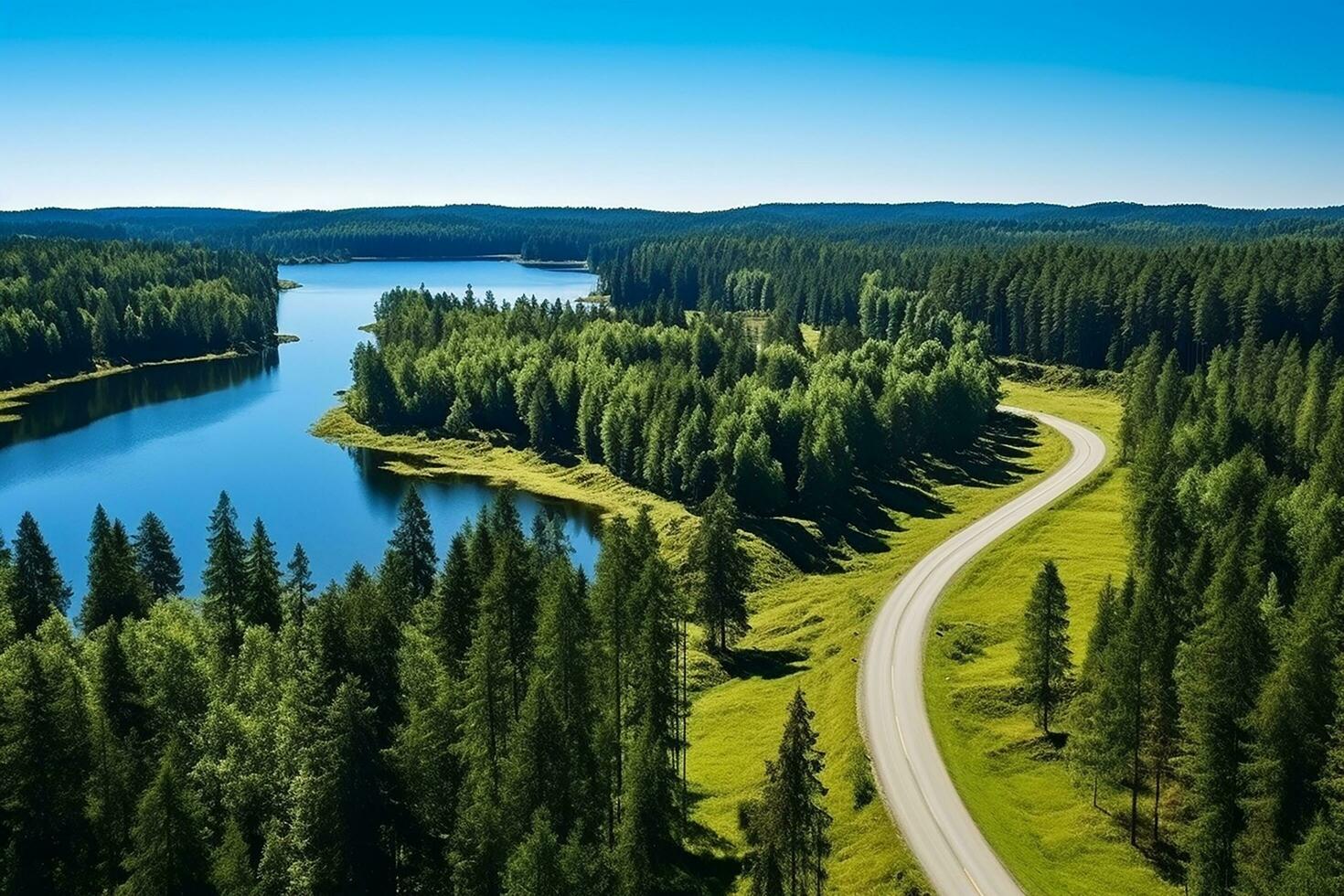 ai gerado aéreo Visão do uma estrada dentro a meio do a floresta foto