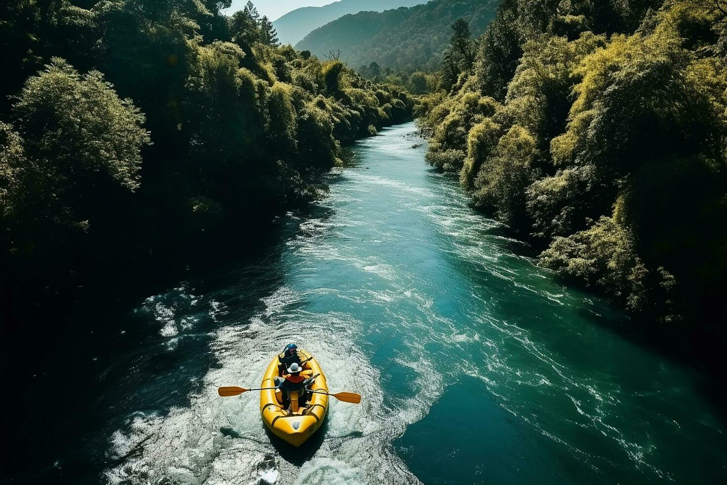 ai gerado aéreo Visão do montanha rio pessoas rafting dentro Riacho. extremo vitalidade foto