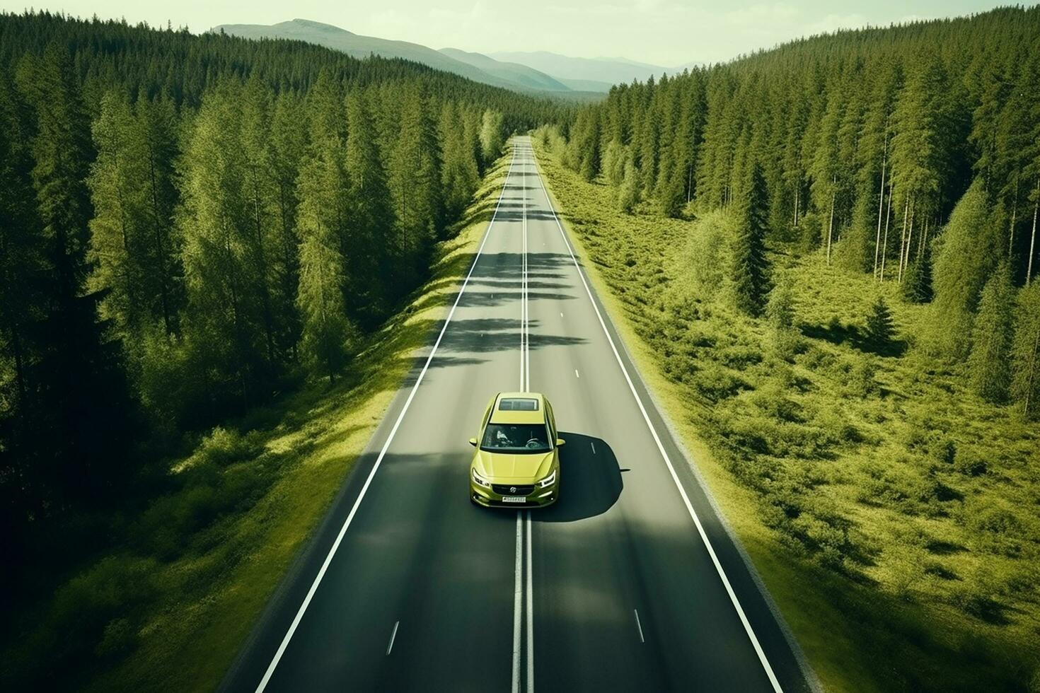 ai gerado aéreo Visão do uma estrada dentro a meio do a floresta foto