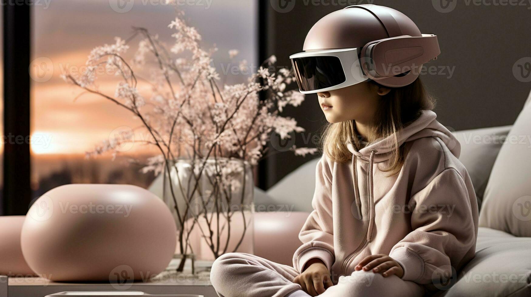 ai gerado uma menina dentro uma luz Rosa suéter é sentado em uma sofá em dela cabeça com uma capacete, fones de ouvido e virtual realidade copos, uma janela com a configuração Sol dentro a fundo foto