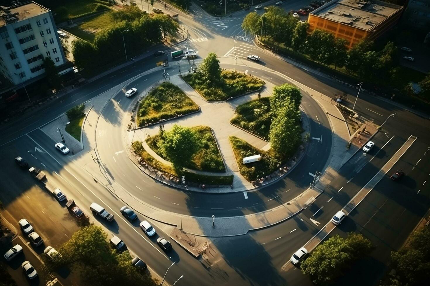 ai gerado aéreo topo Visão estrada rotunda com carro grande quantidade, aéreo Visão estrada tráfego dentro cidade às noite. foto