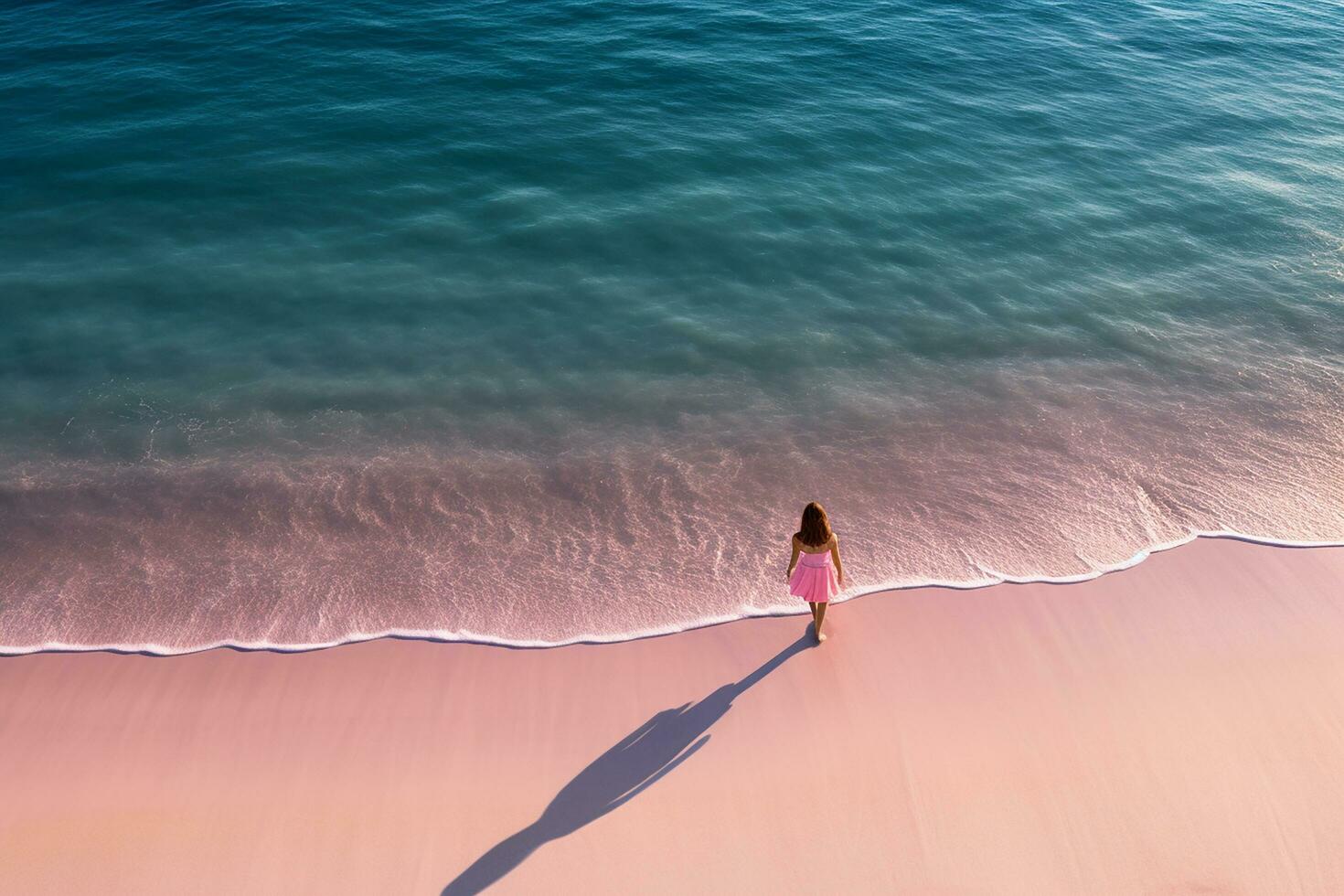 ai gerado aéreo Visão do a mulher dentro Rosa de praia e azul mar foto