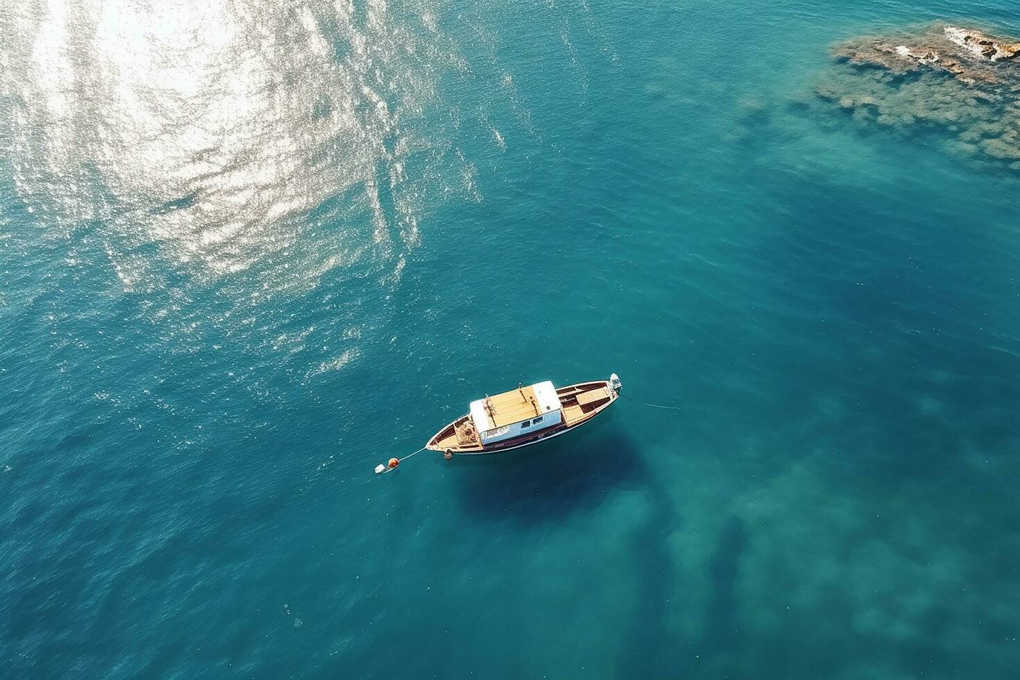 ai gerado aéreo Visão do azul mar e barco foto