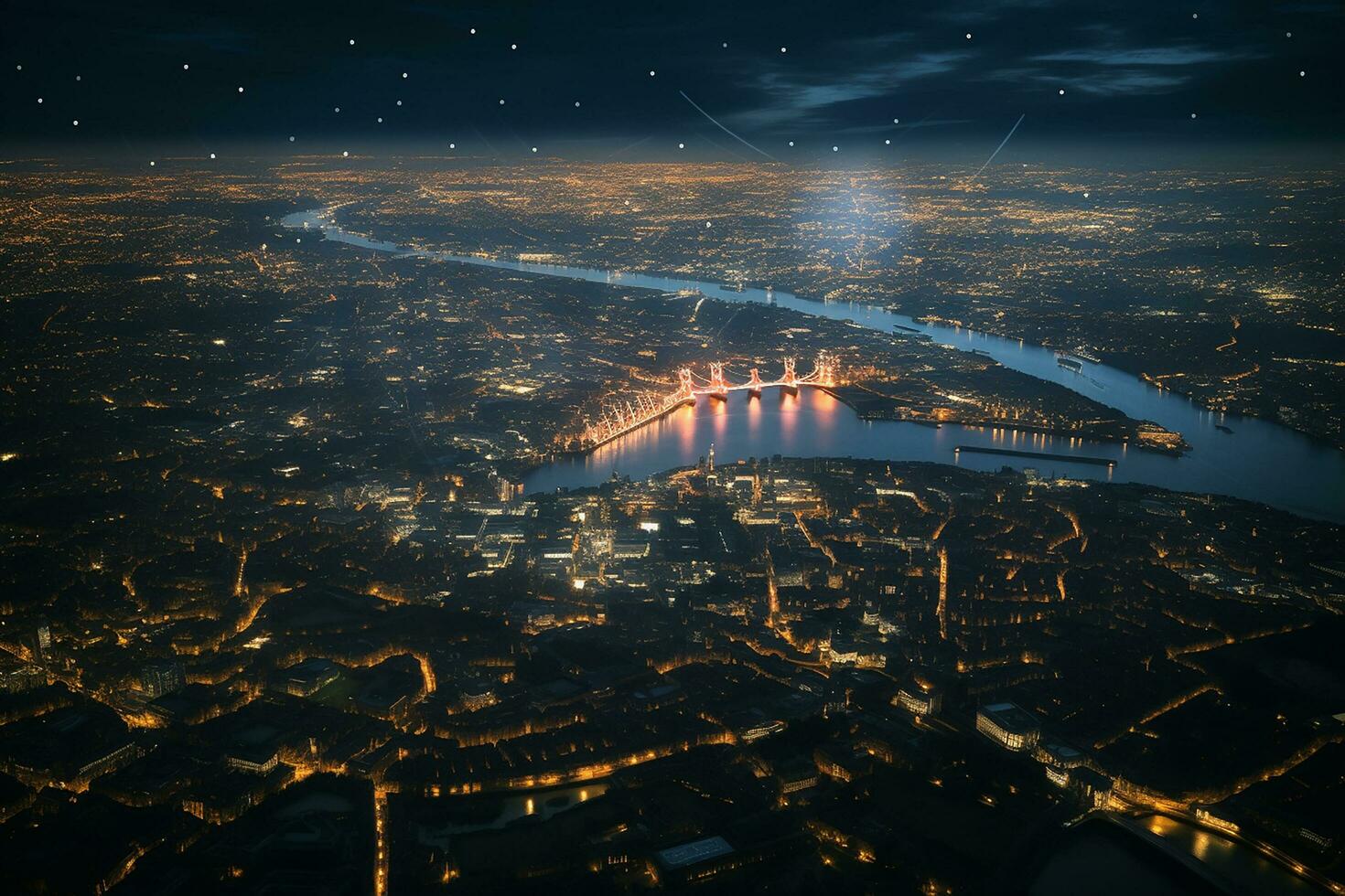 ai gerado iluminado porta Cidade às noite. aéreo Visão em rio Sombrio céu. vívido noite vida. foto