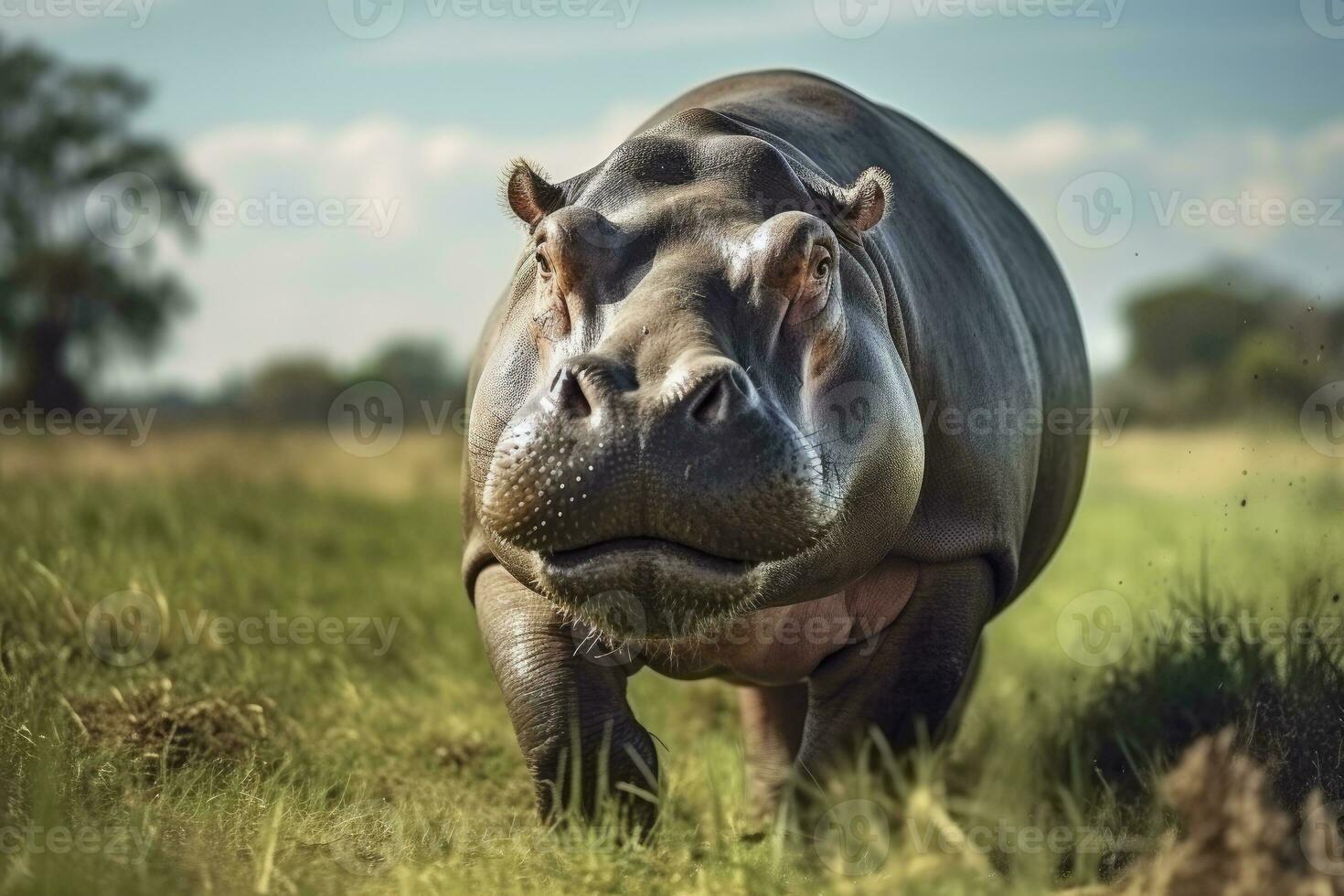 ai gerado hipopótamo caminhando dentro uma verde campo. ai gerado foto
