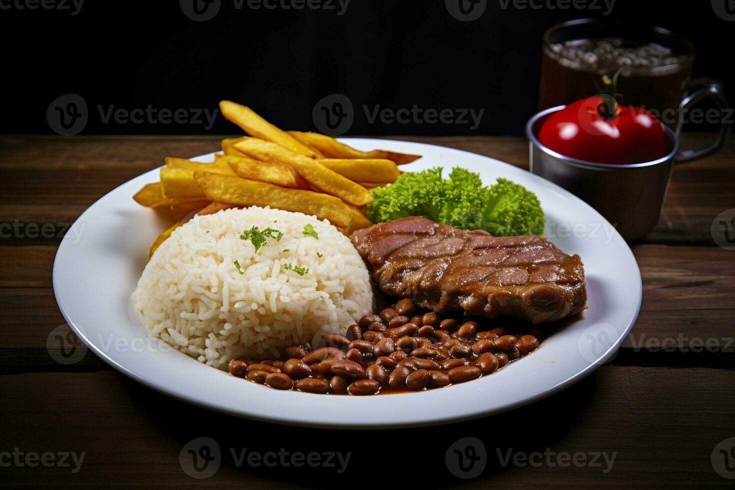 ai gerado arroz, feijões, francês fritas, e eu no. generativo ai foto