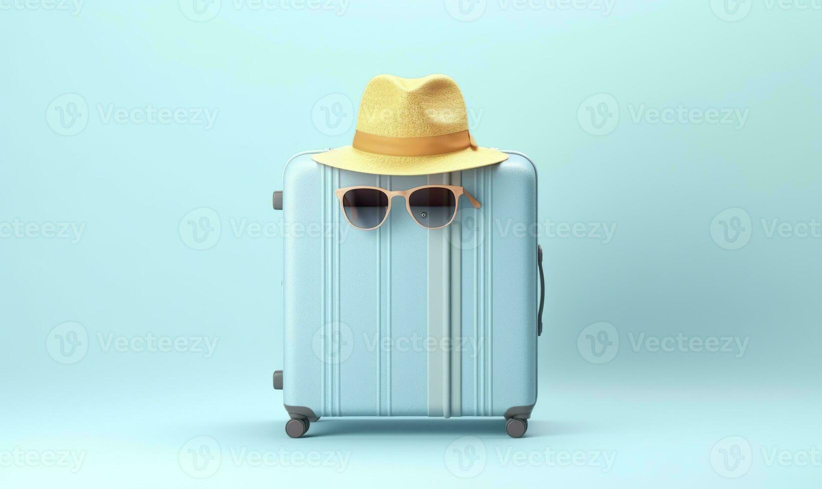 ai gerado azul mala de viagem com oculos de sol em uma pastel azul fundo. viagem conceito. generativo ai foto