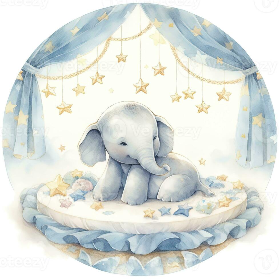 ai gerado a elefante em uma cama com estrelas e cobertores por aí a círculo. ai gerado foto