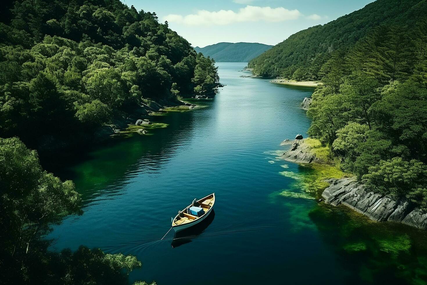 ai gerado aéreo Visão do montanha rio pessoas rafting dentro Riacho. extremo vitalidade foto