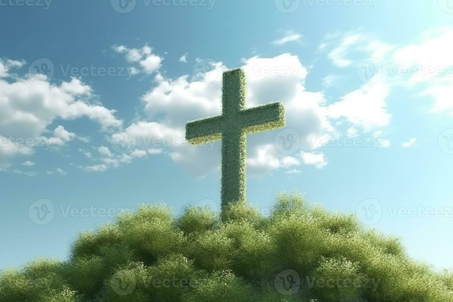 ai gerado a Cruz do Deus com verde folha, dentro a raios do a Sol e azul céu. Cruz em a Colina com verde árvores e graeen natural visualizar. religioso conceito, ai generativo foto