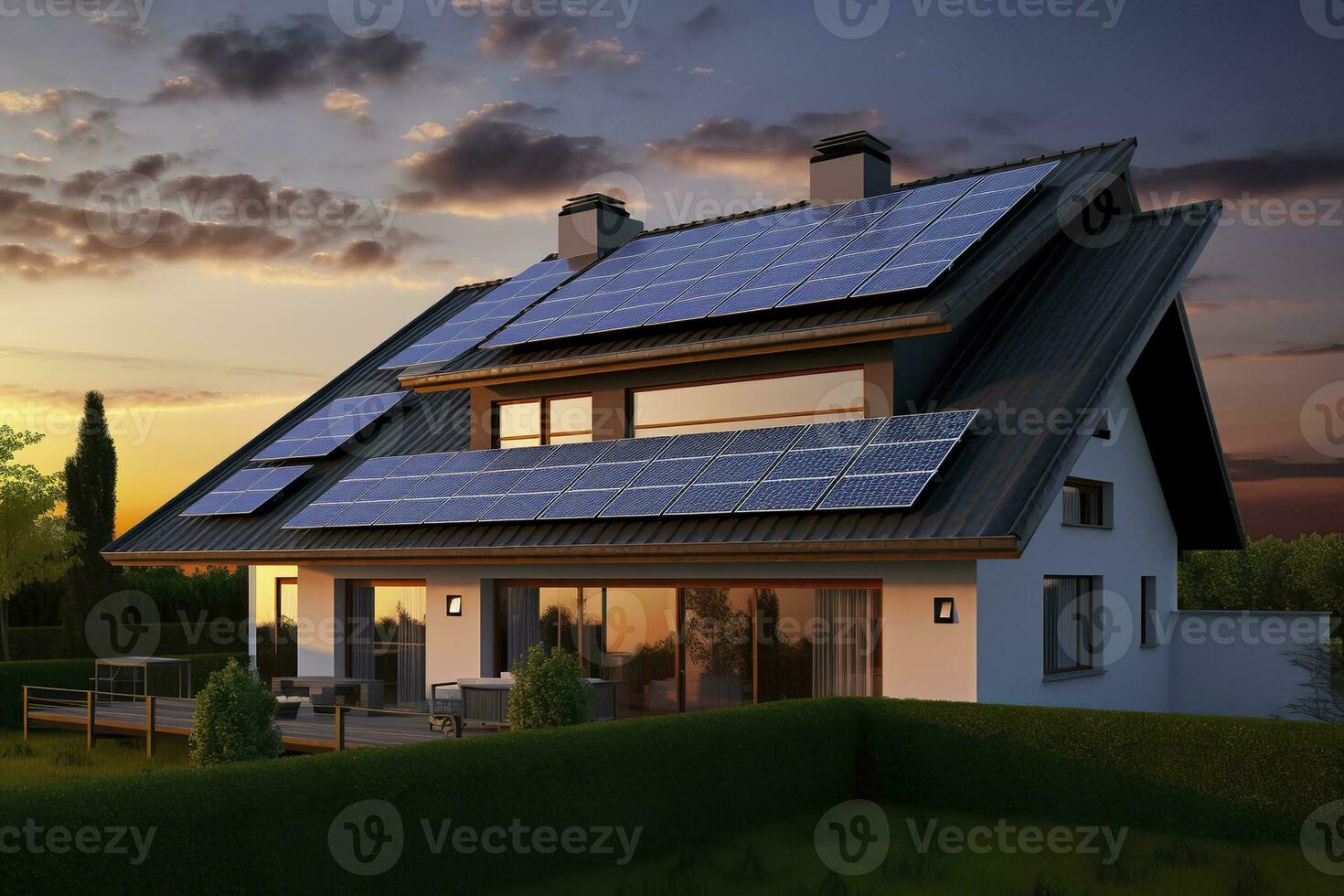 ai gerado moderno casa com azul solar painéis em a teto. fim do a dia, pôr do sol. ai gerado foto