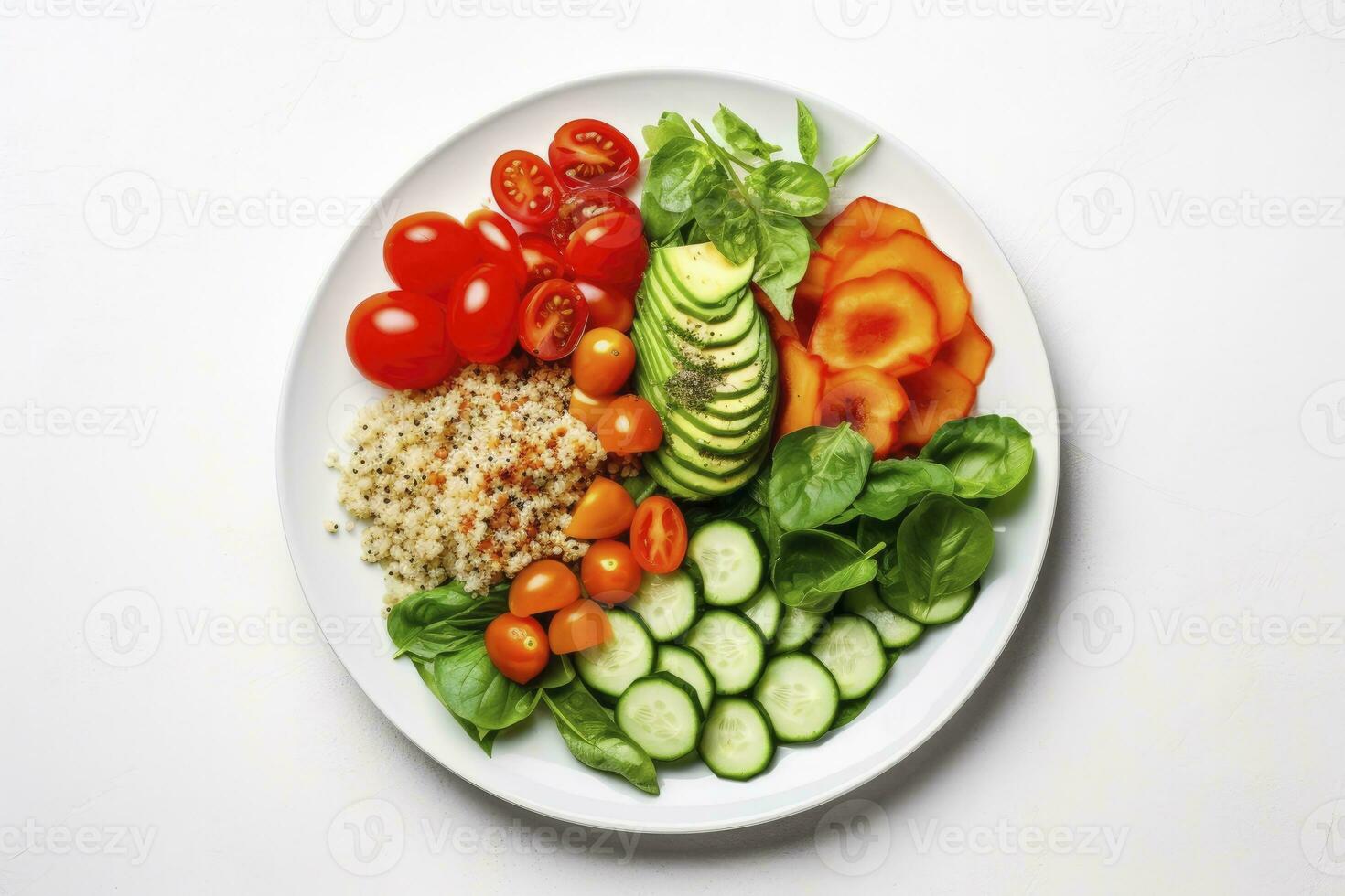 ai gerado salada com Quinoa, espinafre, brócolis, tomates, pepinos e cenouras. ai gerado foto