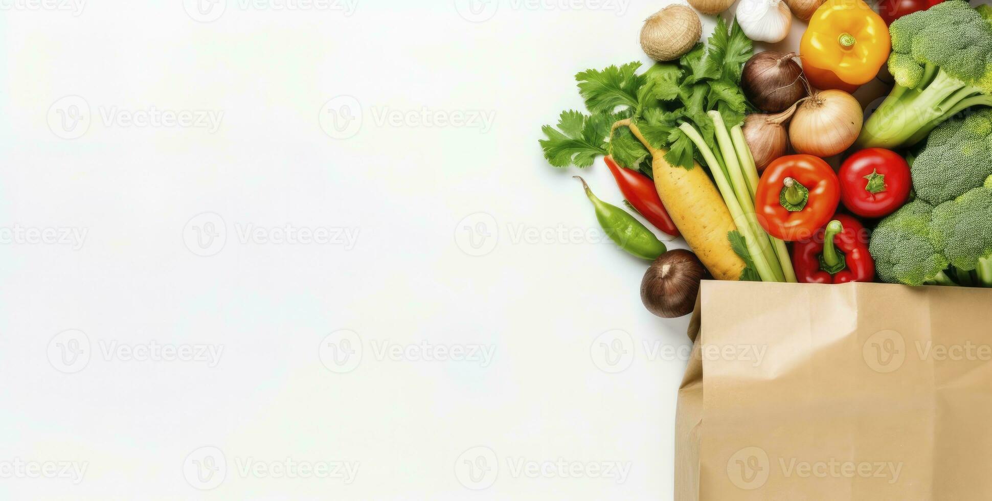 ai gerado saudável Comida dentro papel saco legumes e frutas em branco fundo. ai gerado foto