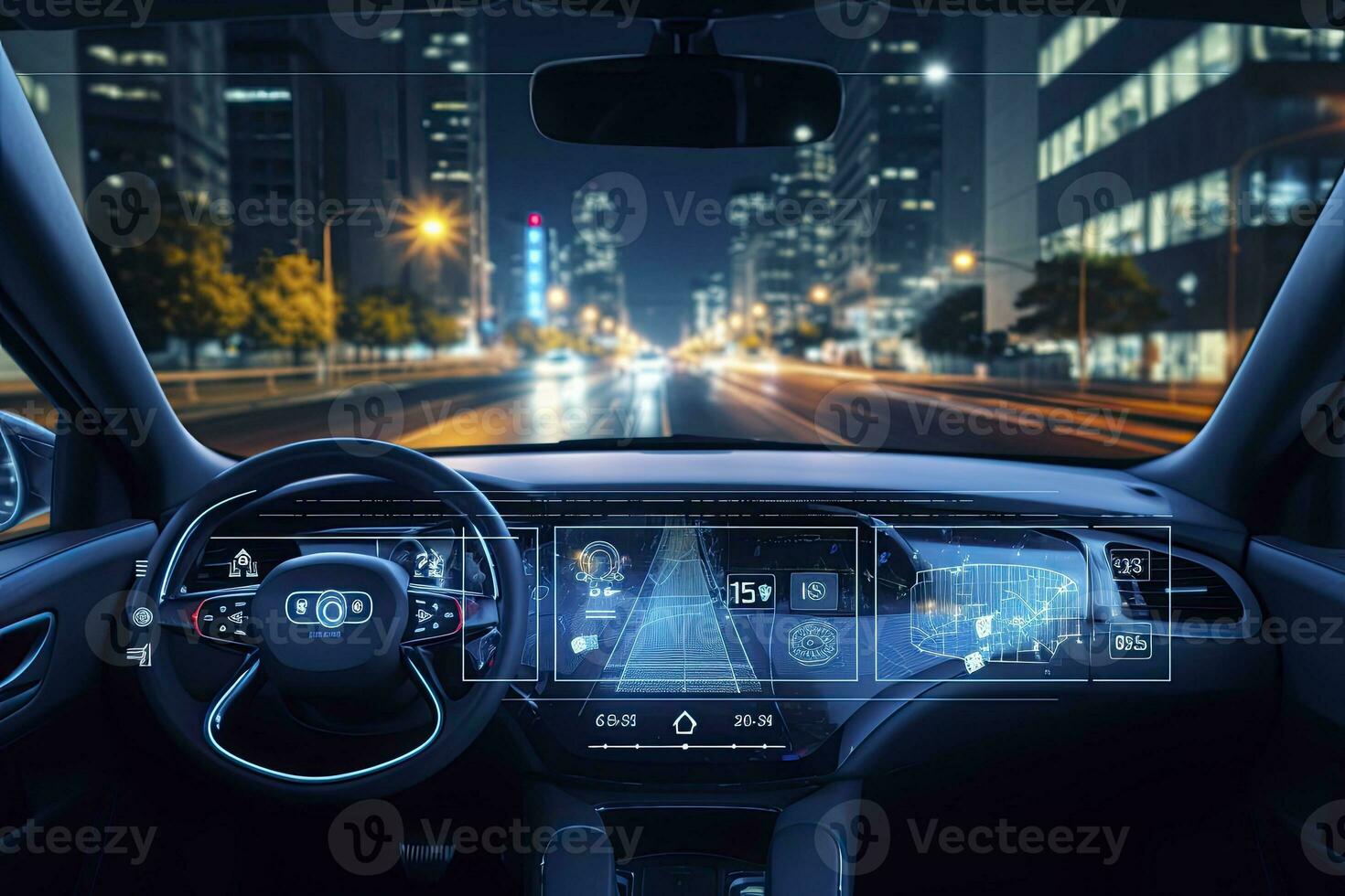 ai gerado moderno inteligente carro tecnologia inteligente sistema usando cabeças acima exibição hud Autônomo auto dirigindo modo veículo em cidade estrada com gráfico sensor radar sinal sistema inteligente carro. foto