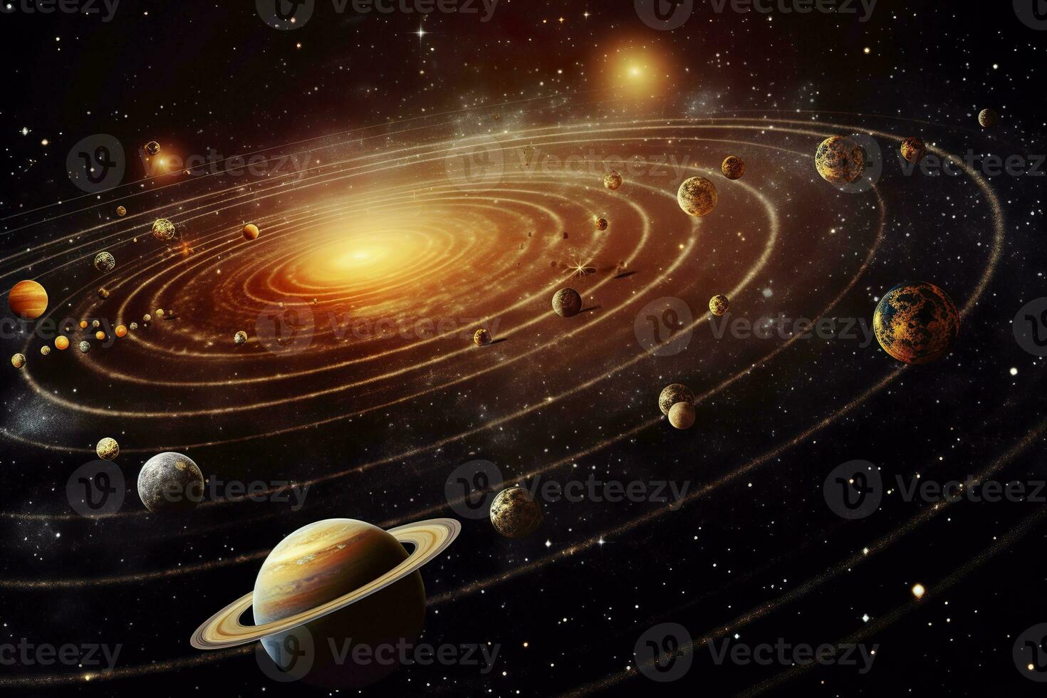 ai gerado nosso 3d solar sistema com planetas dentro órbitas caminho. ai generativo foto