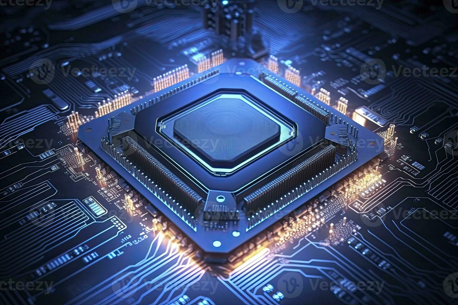 ai gerado futurista central processador unidade. poderoso quantum CPU placa-mãe. ai gerado foto