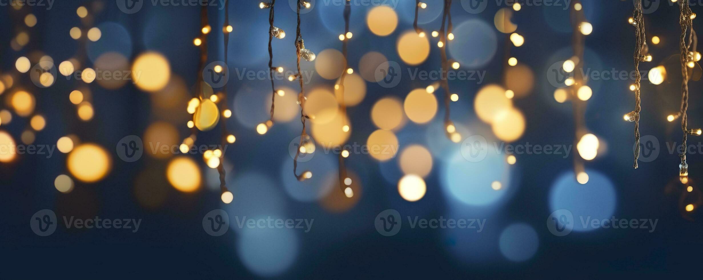 ai gerado feriado iluminação e decoração conceito, Natal festão bokeh luzes sobre Sombrio azul fundo. ai gerado foto