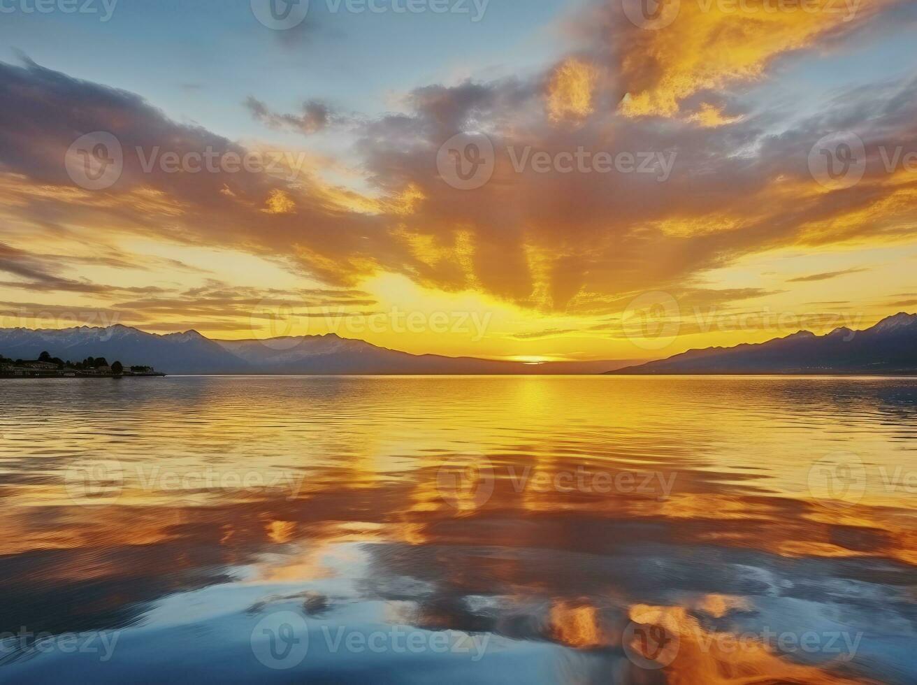 ai gerado brilhante pôr do sol sobre lago dourado nuvens refletir dentro a água. ai gerado. foto