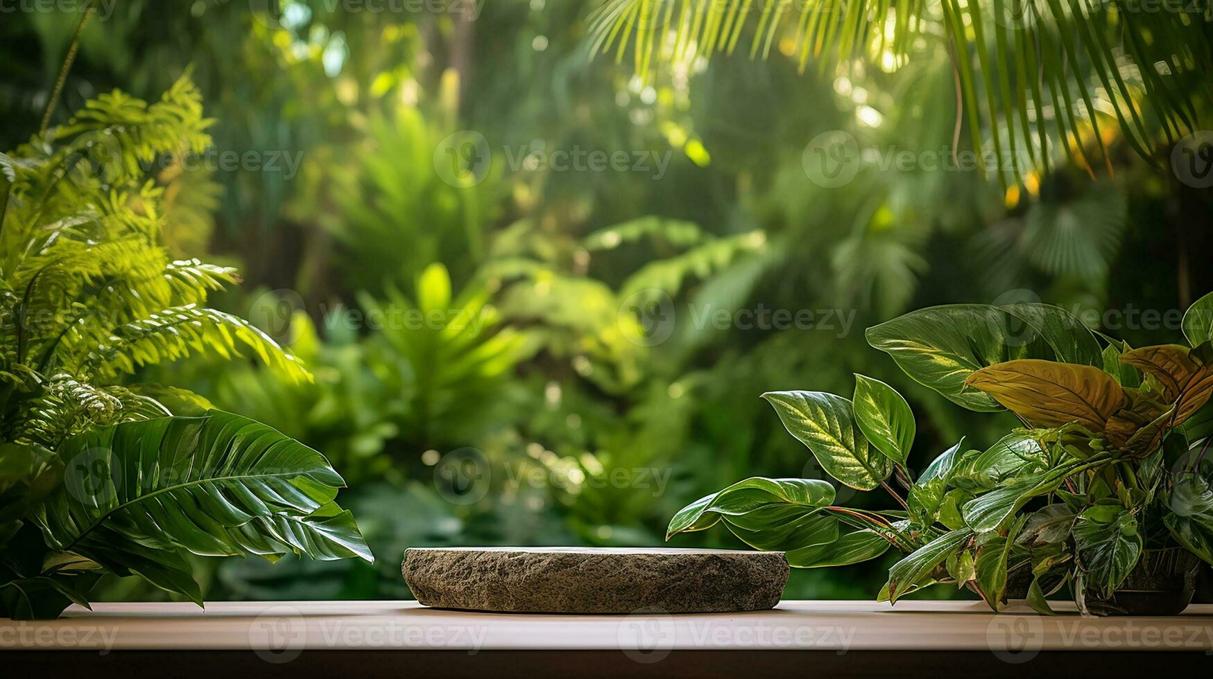 ai gerado pódio produtos exibição dentro selva ou etapa produtos mostruário zombar acima mínimo cena para produtos exibição apresentação foto