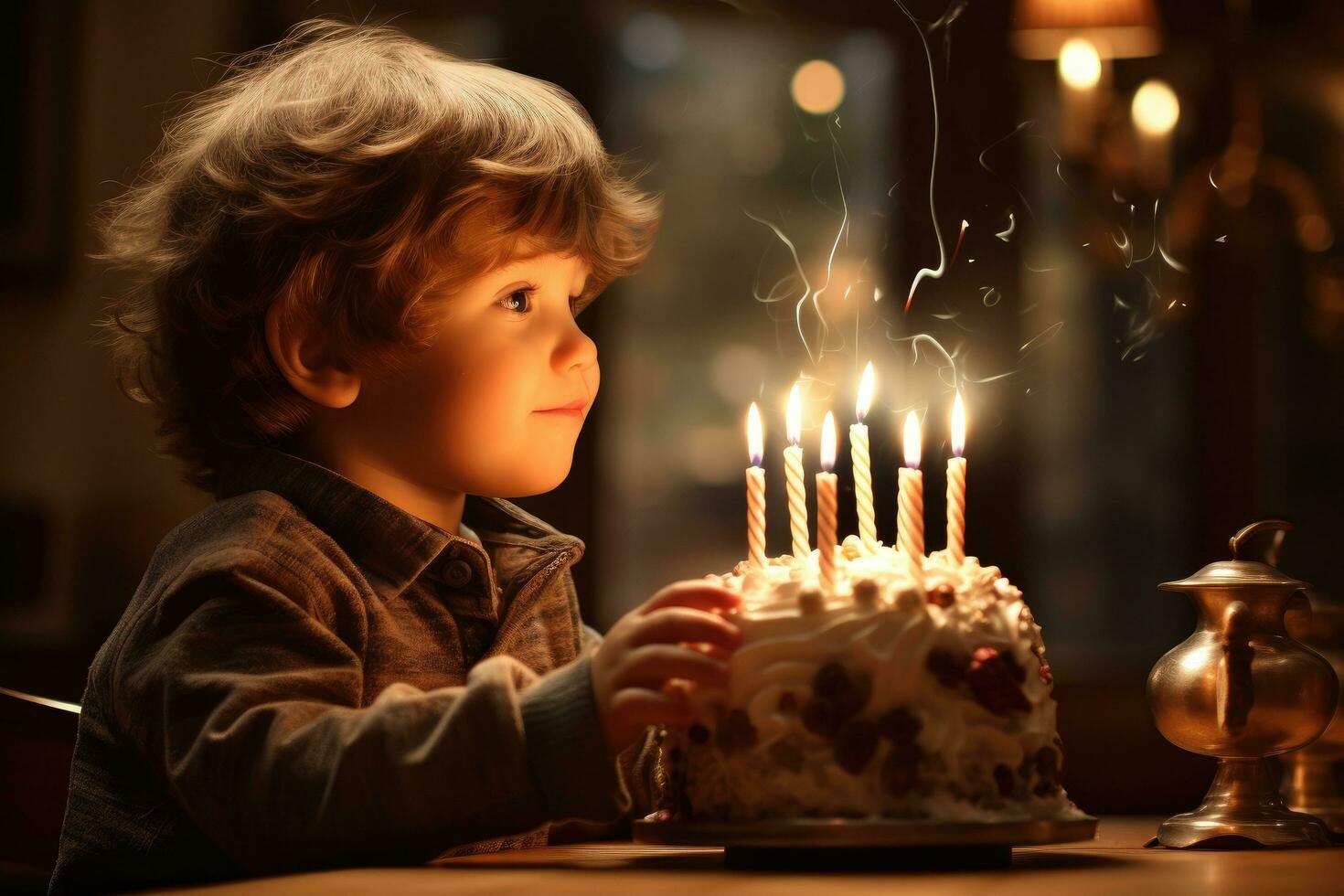 ai gerado fofa pequeno Garoto sopro Fora velas em uma aniversário bolo às lar, uma criança fazer uma desejo antes sopro Fora aniversário velas, ai gerado foto