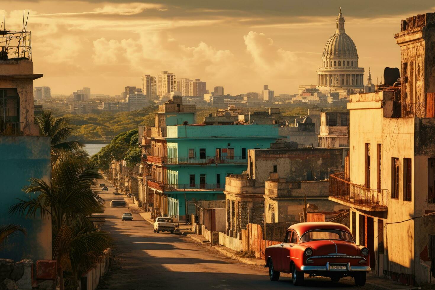 ai gerado Visão do Havana rua com velho americano carro e capitólio Colina dentro fundo, Havana, Cuba, centro da cidade Horizonte, ai gerado foto