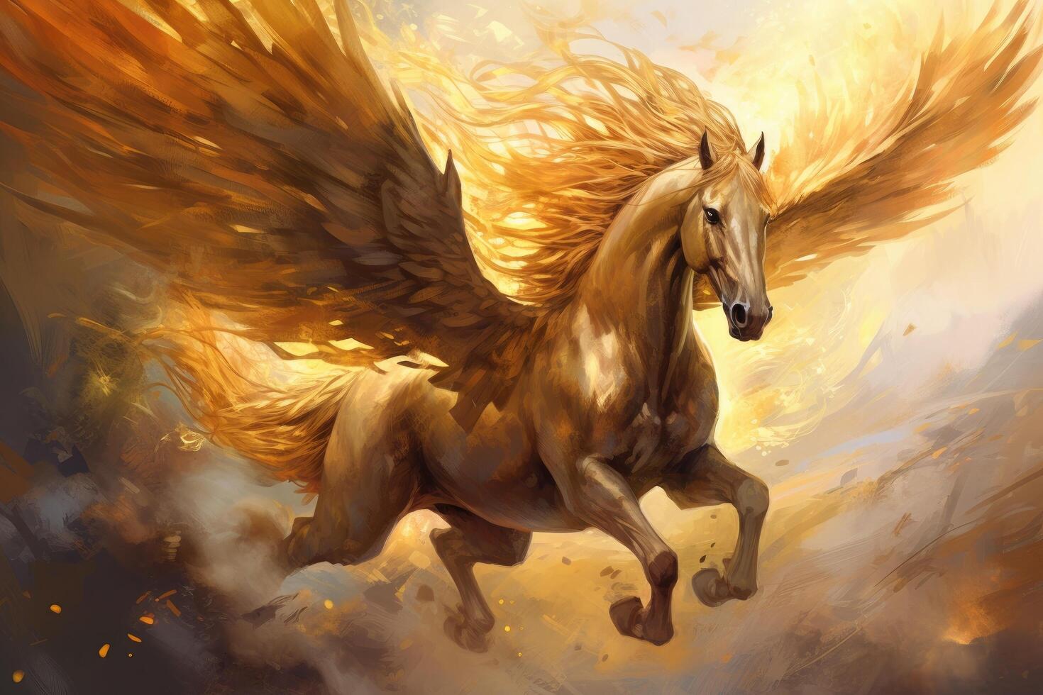 ai gerado digital pintura do uma galopando garanhão com dourado juba, ilustração pintura do uma vôo cavalo com uma dourado juba dentro uma fantasia conceito, ai gerado foto