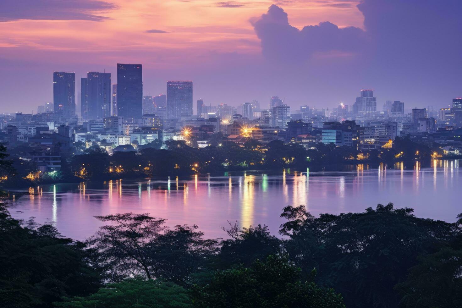 ai gerado Bangkok paisagem urbana às crepúsculo tempo, Tailândia, Ásia, Hanói Horizonte paisagem urbana às a crepúsculo período, cau giay parque, oeste do Hanói, ai gerado foto