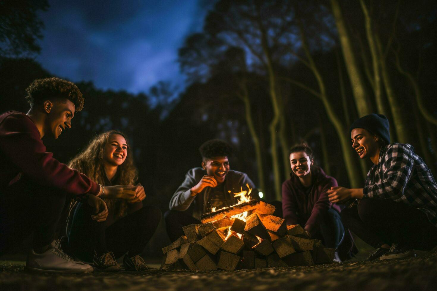 ai gerado grupo do jovem amigos sentado perto fogueira às noite acampamento conceito, jovem pessoas sentado por aí uma fogueira ai gerado foto