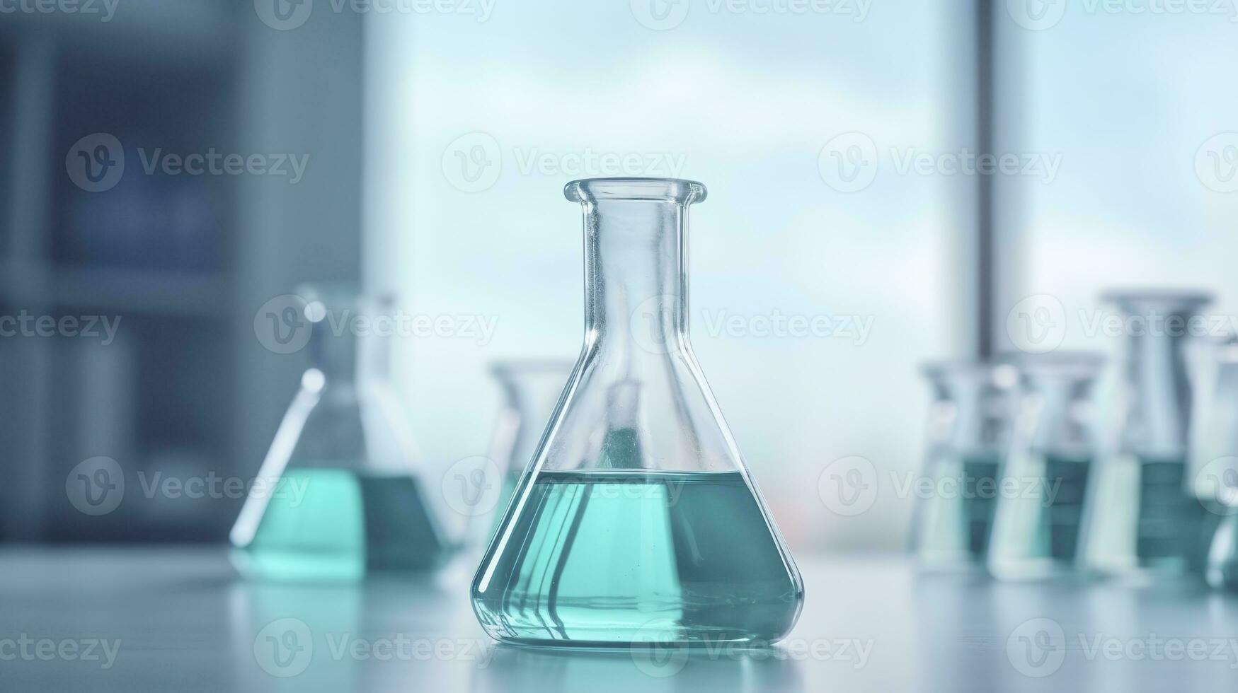 ai gerado uma Ciência taça dentro a laboratório em uma mesa branco e luz azul fundo.. laboratório equipamento Fora do foco. ai generativo foto