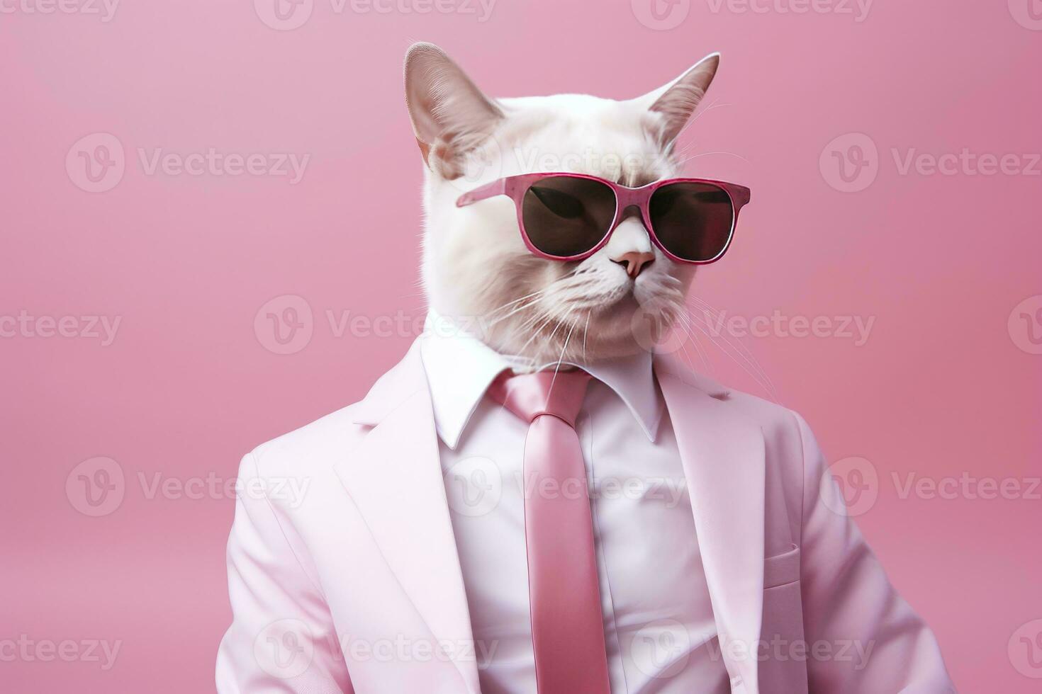 ai gerado uma gato é vestindo oculos de sol e terno em Rosa fundo. ai gerado foto