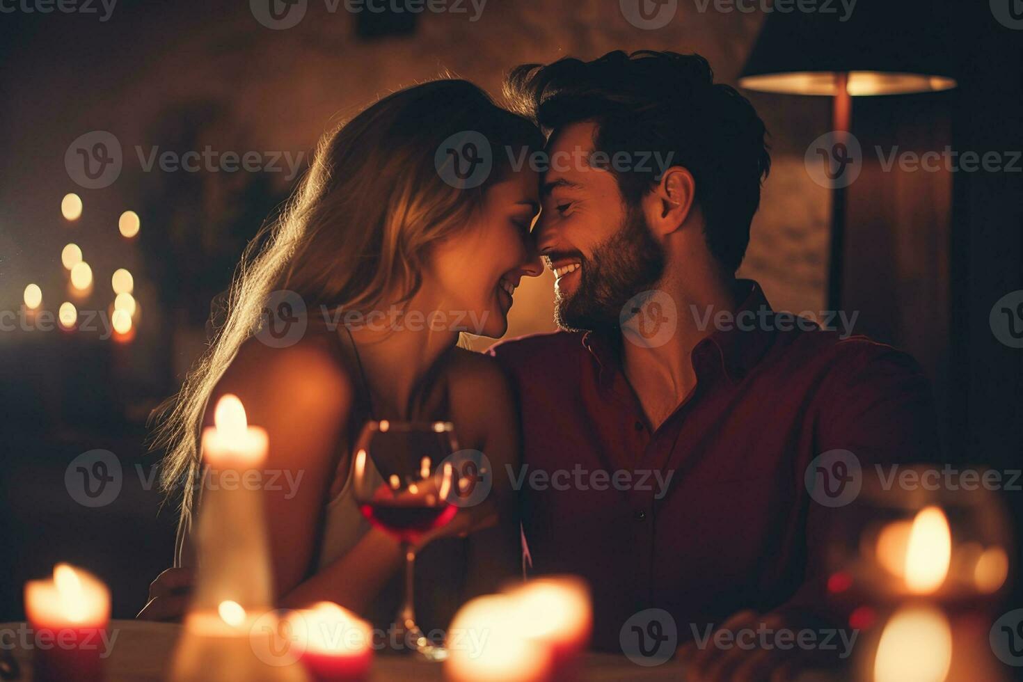 ai gerado jovem senhora com dela linda homem ter romântico jantar foto