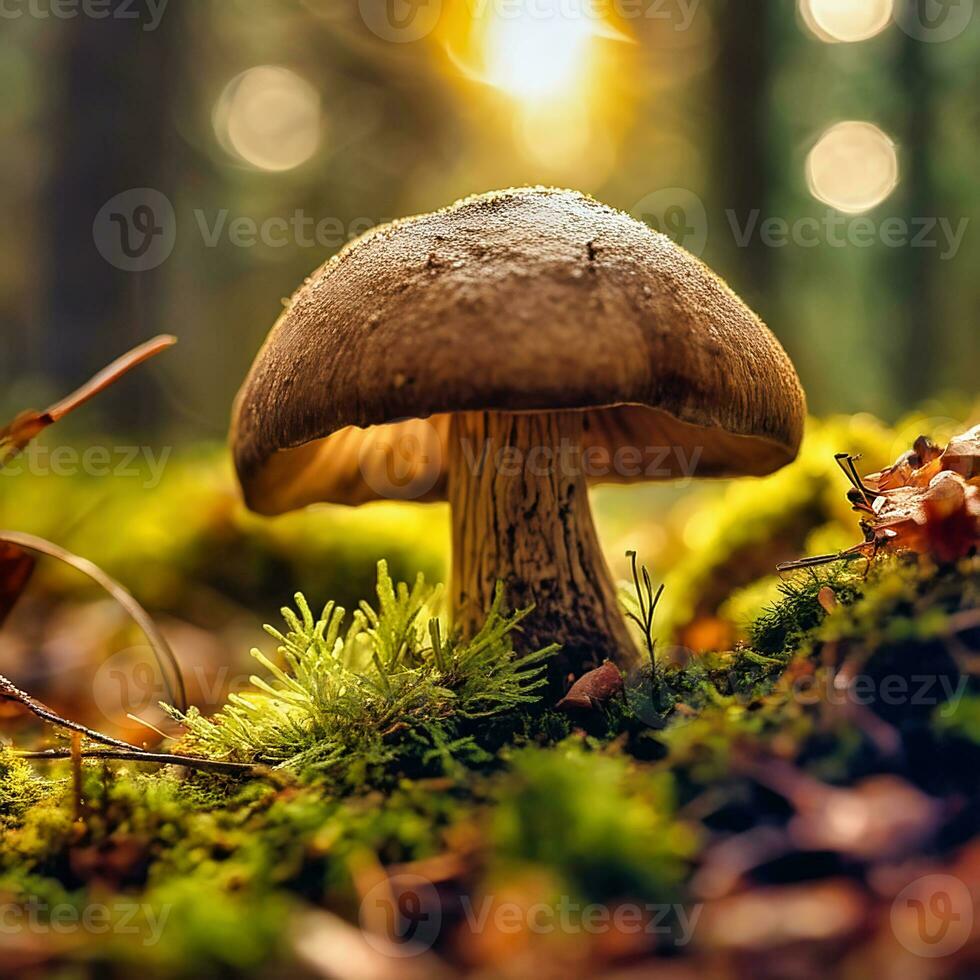 ai gerado cogumelo dentro a musgo em a floresta chão. místico mágico. outono luz humor. foto