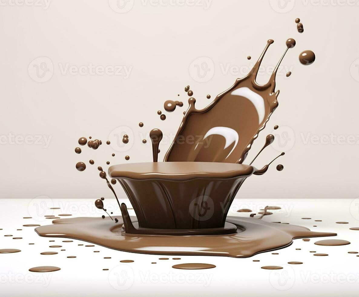 ai gerado chocolate respingo com uma pódio, brincar fundo para leite produtos mostrar, 3d. generativo ai foto