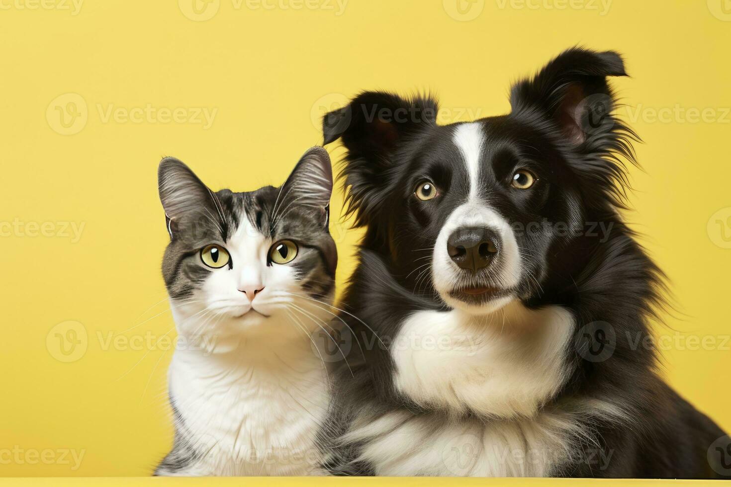 ai gerado gato e cachorro juntos com feliz expressões em amarelo fundo. ai gerado foto