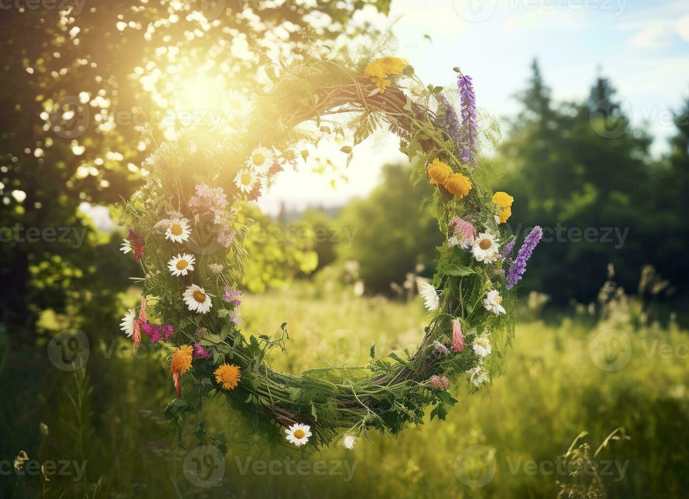 ai gerado rústico flores silvestres guirlanda em uma ensolarado Prado. verão solstício dia, solstício de verão conceito. generativo ai foto