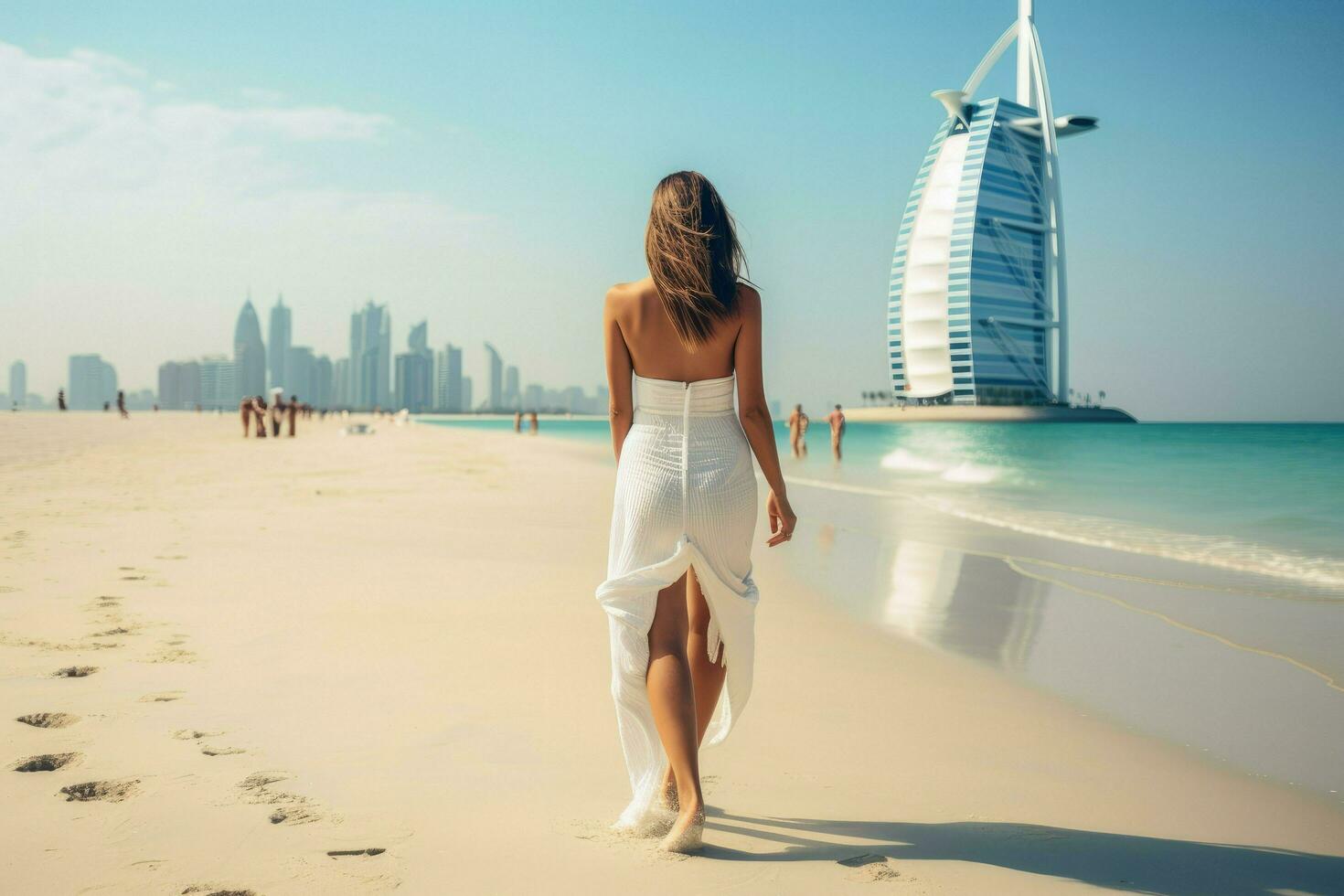 ai gerado lindo jovem mulher é caminhando em a de praia dentro dubai ai gerado foto