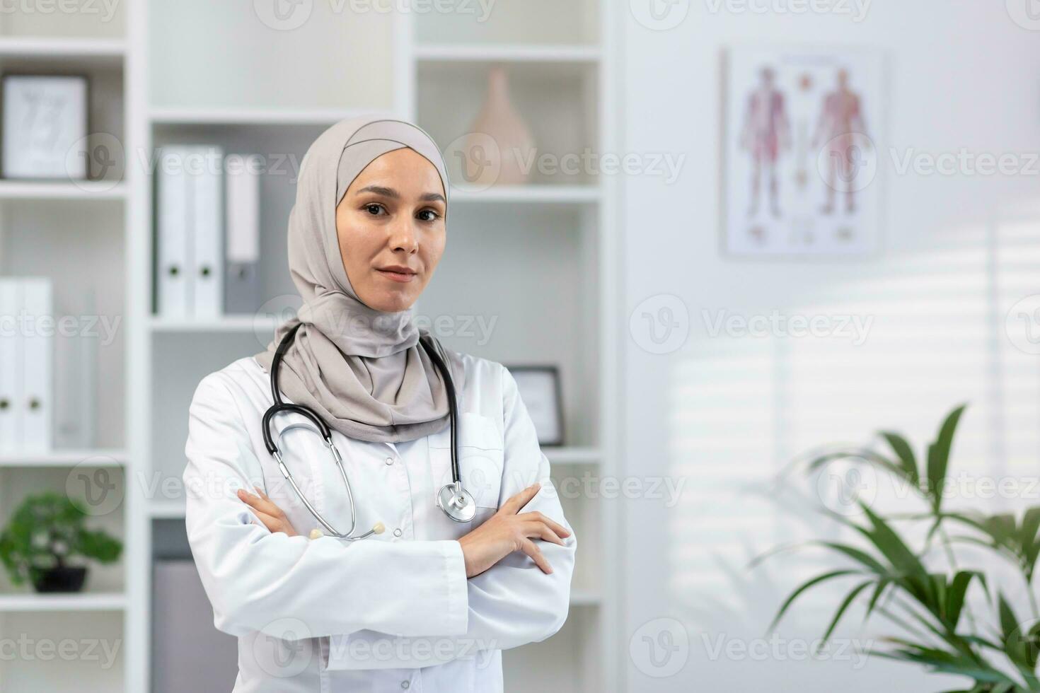 retrato do sério confiante bem sucedido fêmea médico dentro hijab dentro branco médico casaco olhando às Câmera com cruzado braços, clínica trabalhador trabalhando dentro escritório médico sala. foto