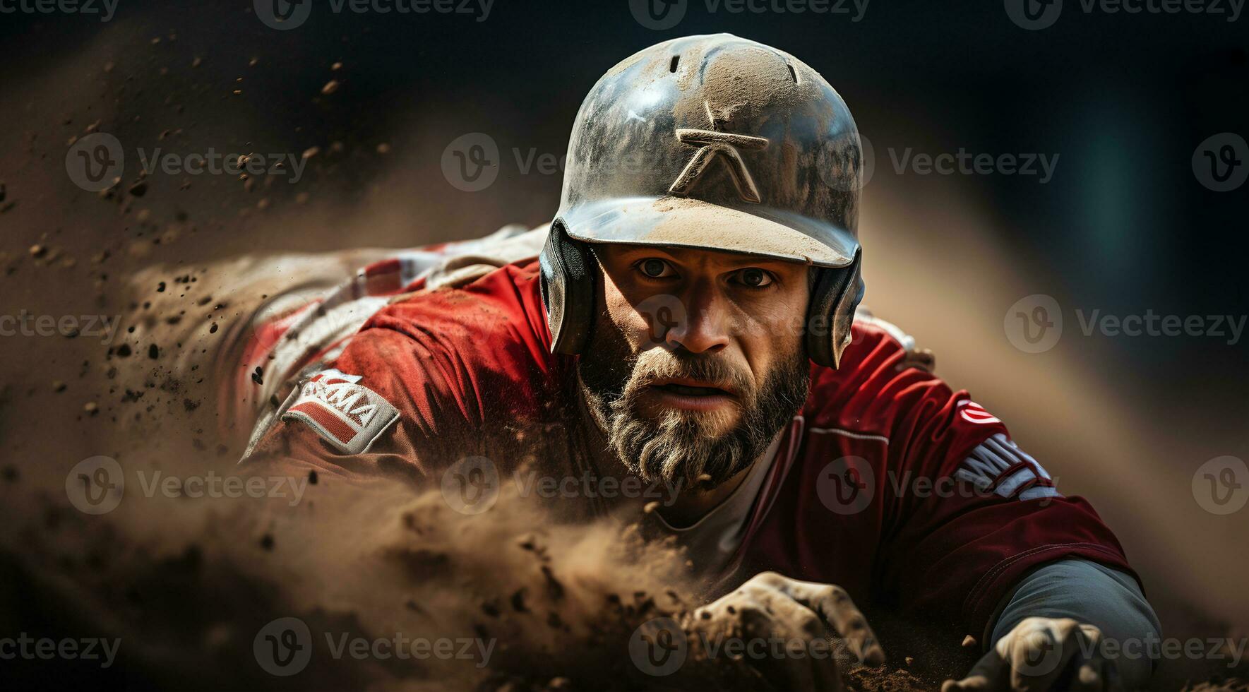 ai gerado profissional beisebol jogador dentro Ação, alcançando base, às a grande estádio. foto