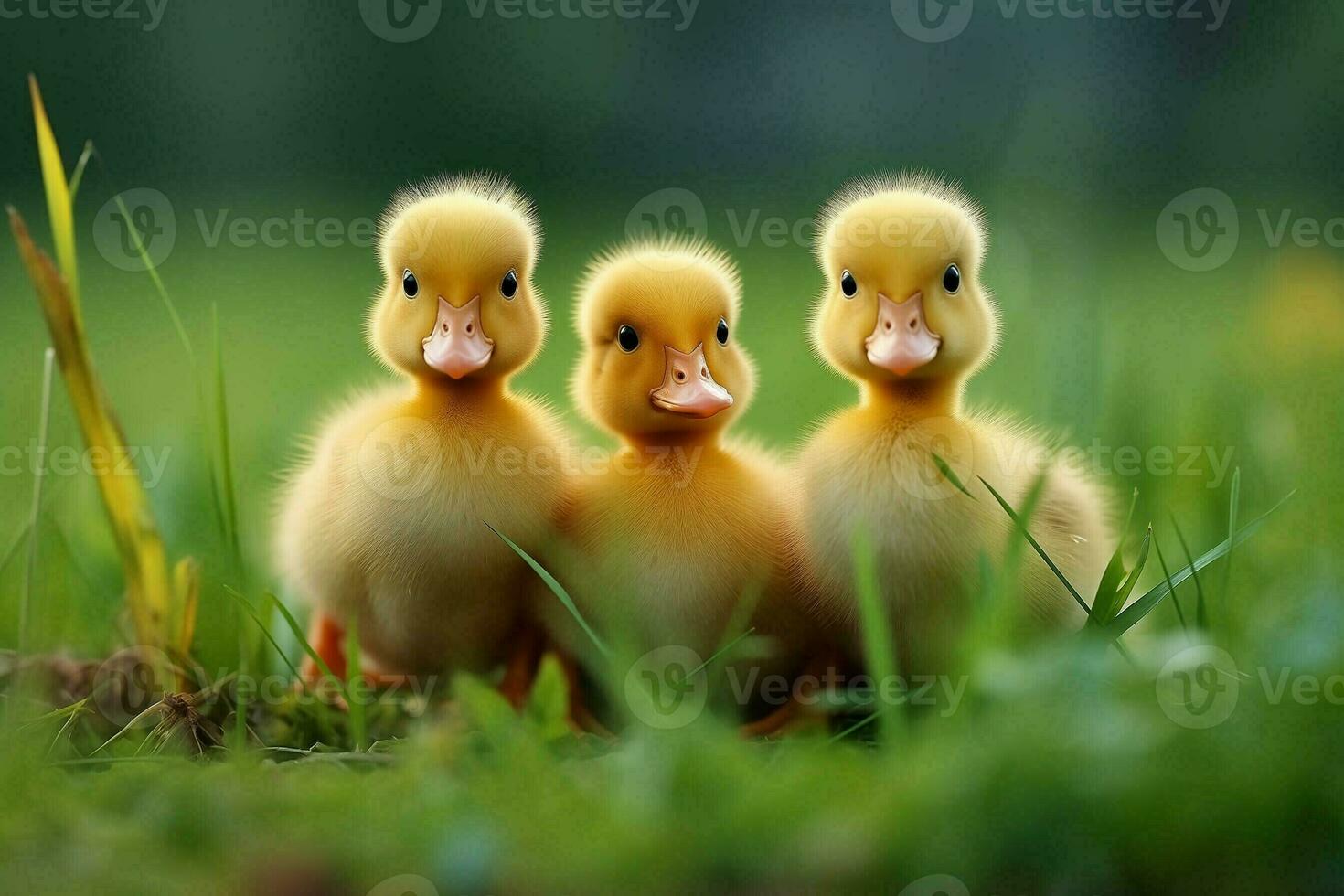 ai gerado três bebê patos em pé dentro a Relva foto