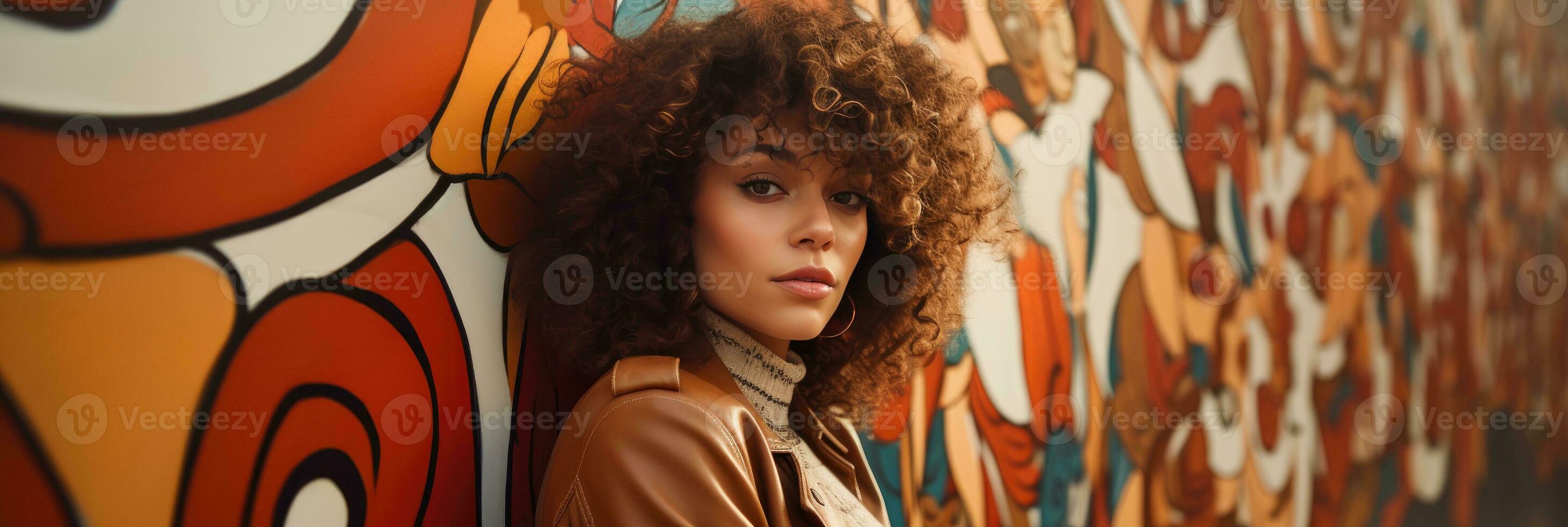 ai gerado uma mulher com encaracolado cabelo posando dentro frente do grafite parede, dentro a estilo do caloroso tons, generativo ai foto