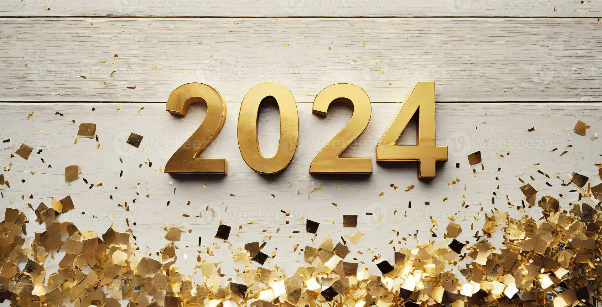 ai gerado vista do topo do dourado números do a ano 2024 deitado em uma branco rústico de madeira mesa foto