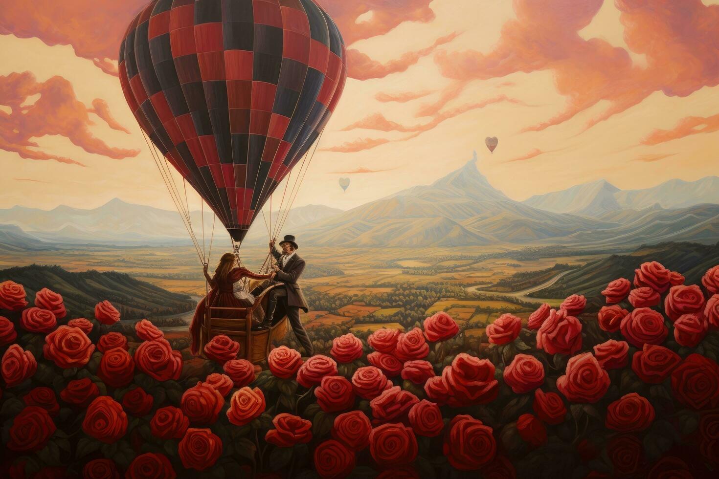 ai gerado casal dentro quente ar balão com vermelho rosas em a fundo do montanhas, uma casal flutuando dentro uma quente ar balão sobre uma vale do rosas, ai gerado foto